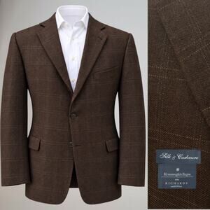 Ermenegildo Zegna Silk Cashmere Sport Coat 46R Cigar Brown Plaid 3/2 Roll